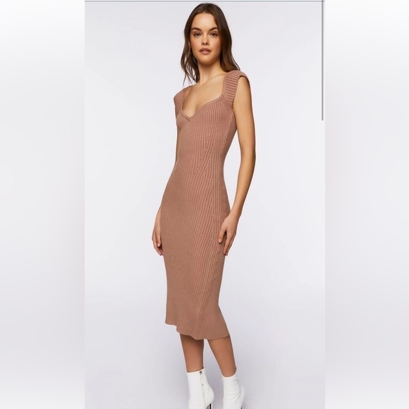 Sweater-Knit Ribbed Sweetheart Neckline Midi Dress In Cocoa Size L - Picture 1 of 3
